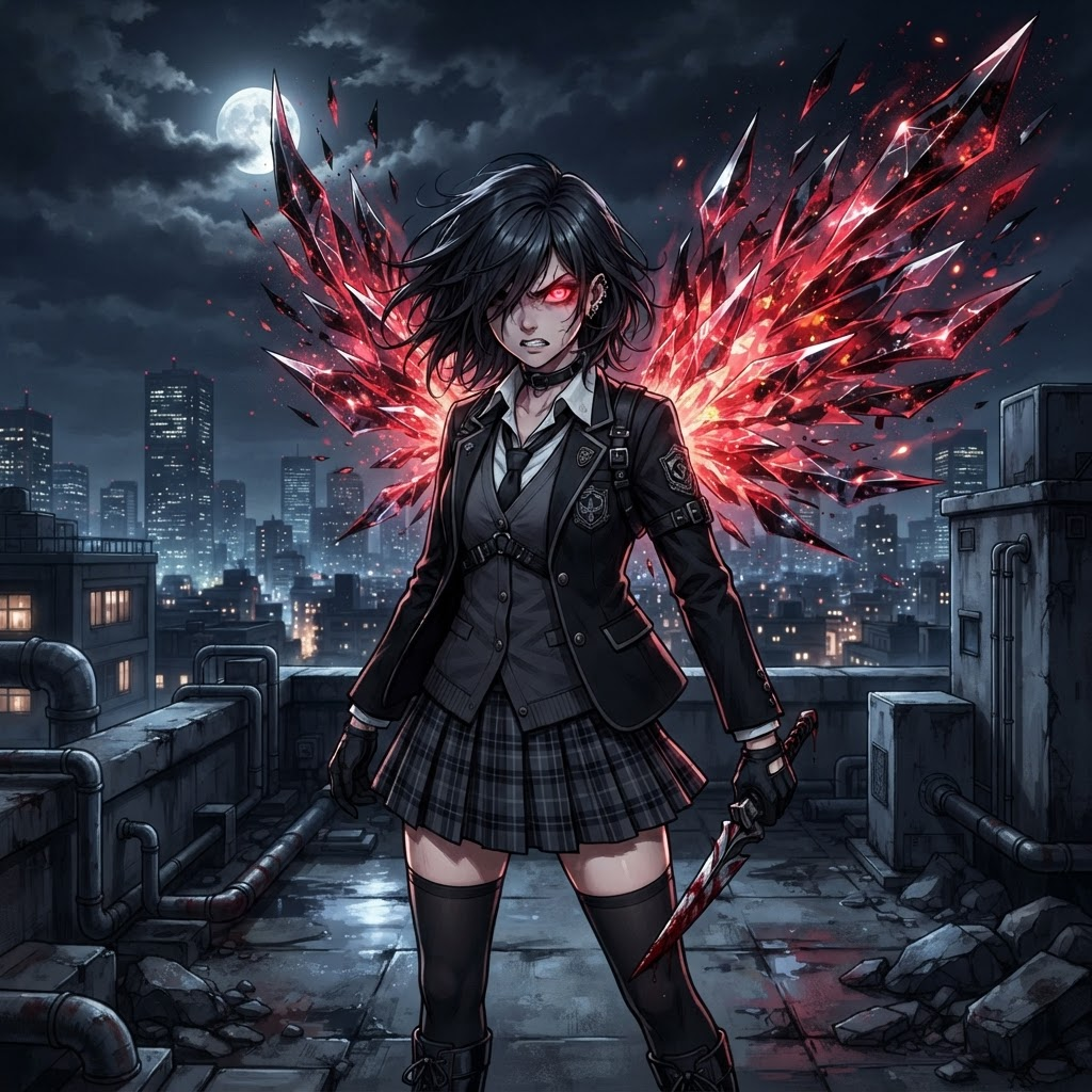 original Tokyo Ghoul style anime OC, ukaku wing-like crystalline kagune flaring behind a fierce anime character, glowing red kakugan eye, dark academy uniform, moody moonlit rooftop