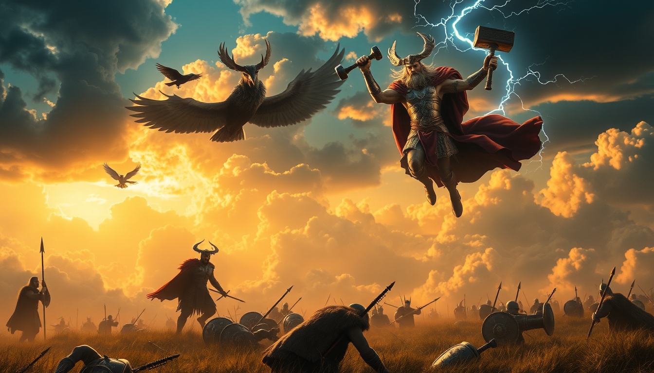 Norse gods Odin and Thor in the sky above a battlefield, Odin with ravens, Thor holding lightning hammer, fallen Viking warriors below, mystical clouds, golden and blue lighting, epic mythological atmosphere, cinematic fantasy realism, ultra detailed