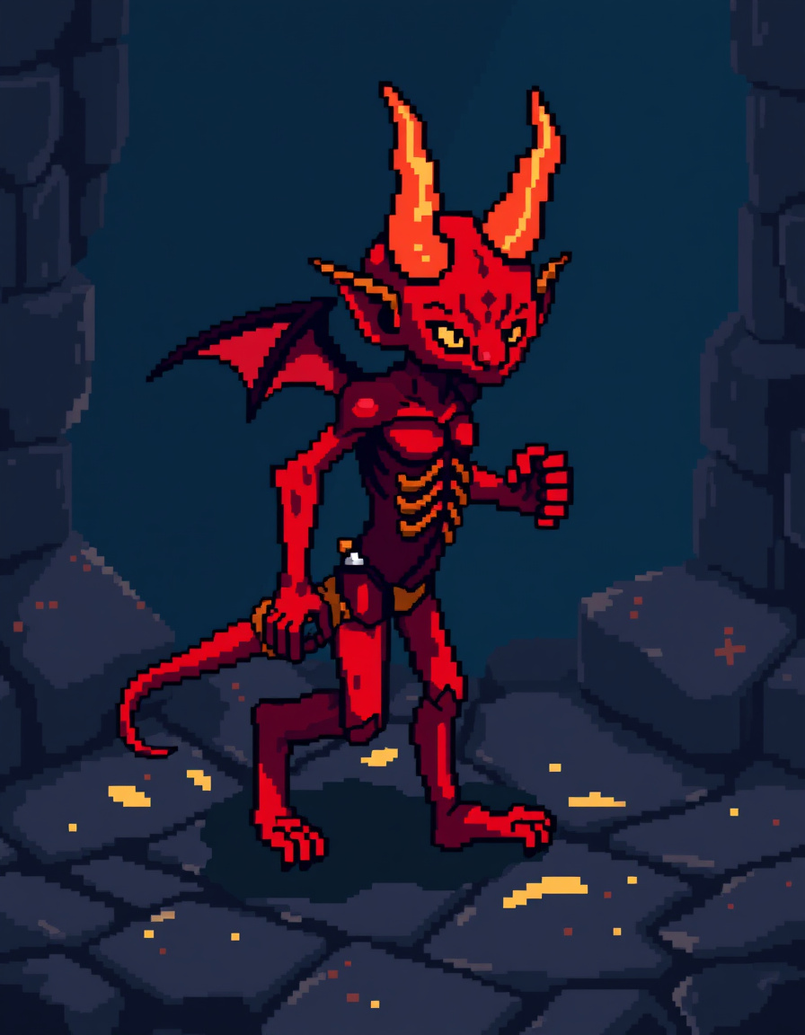 “32×32 pixel art, Diablo II style, small red demon, isometric angle, right foot forward, walking, dark fantasy dungeon lighting”