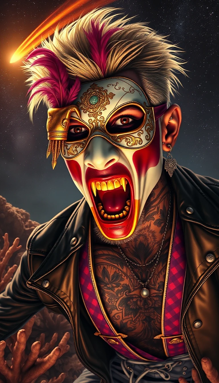 a close‑up portrait of a heavily tattooed punk with blonde hair, wearing a delicate porcelain masquerade mask adorned with intricate gold filigree, feathers, a gilded opera glove and a crimson domino covering the eyes, bright blue and red checkered suspenders beneath a ripped‑up leather jacket, bold magenta‑striped skateboard‑inspired sneakers, intense gaze and a fierce, trumpet‑like scream, sharp sound waves bursting outward like a sonic boom, warm golden light radiating from his lips and teeth, metal spikes piercing his lips, nose ring, stretched ear gauges with chains, set against a muted coral reef with softened, desaturated colors and a softly textured wet surface, beneath a massive comet streaking across a star‑filled night sky rendered with a subtle gradient, illuminated by epic cinematic lighting and cyber‑punk glare that casts warm golden shadows across the scene.