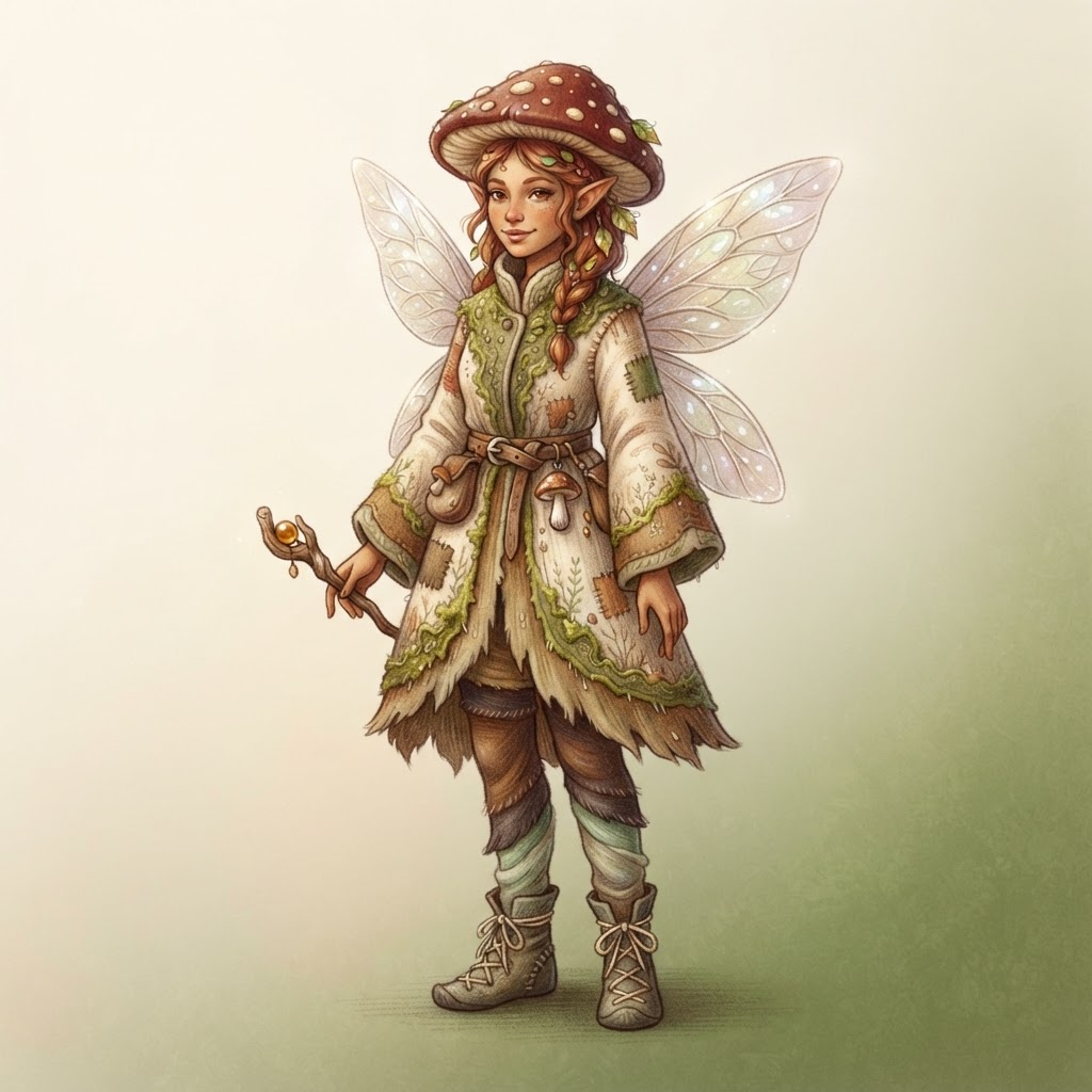 original character design of an adult mushroom fairy fully clothed in a cream and brown mossy coat, round toadstool hat, translucent wings, full body standing pose, wholesome storybook style, clean soft gradient studio background, vibrant, crisp high detail, digital illustration, no text, no words, no watermark