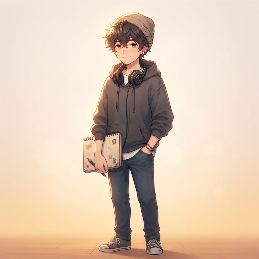 original character: a quiet boy with headphones around his neck and a sketchbook under his arm, gentle smile, warm rim light, luminous soft-focus slice-of-life anime illustration, clean soft gradient studio background, vibrant, crisp high detail, digital illustration