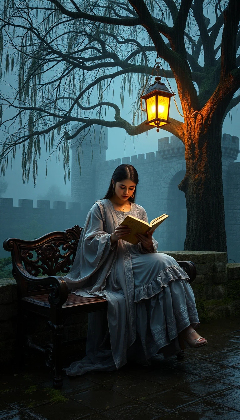 in a misty medieval fantasy landscape, a fortified stone castle's imposing silhouette stretches against a grey-blue twilight sky, flecked with drizzle and sprinkled with starlight. weathered stone walls, softened by moss and lichen, support the weight of ancient history, while a gentle, verdant forest blends seamlessly into the castle's backdrop.
the woman, an enchanting figure, sits serenely on an intricately carved wooden bench, its surface etched with the patina of centuries, set against a dramatic backdrop of a dilapidated stone wall. the bench lies under a sprawling, ancient willow, its gnarled branches twisted and tangled in an organic dance, adding a touch of mysticism to the scene. the woman's elegant pose and delicate features are further emphasized by the softly glowing, warm light of a parchment lantern, its luminescent hue casting a golden aura around her. her slender fingers wrapped gently around the cover of an ancient tome, as she turns its pages with an air of studious reverence. the woman's face is obscured by the open book, an image of intense contemplation, lost in a world of letters, symbols and ancient wisdom.
on her person, she wears a beautiful, intricately embroidered pakistani-style salwar suit in a subtle greyish-lavender hue, a masterful blend of medieval fantasy and contemporary elegance. a matching sheer dupatta flows gently around her, as if infused with a life of its own, echoing the soft, ethereal quality of the clouds above. as she sits in serene repose, a soft, melancholic rain patters against the stone floor, each drop reverberating through the misty air, enveloping her in a soothing melody, creating a poignant atmosphere, rich in mysticism and atmosphere.
