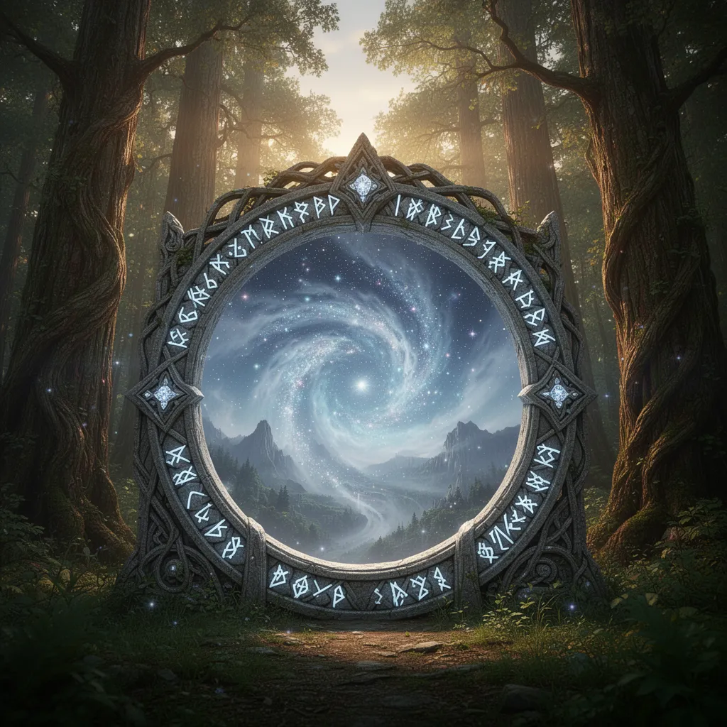 a mystical realm unfolds in the midst of a dense, emerald forest, with towering trees that stretch towards the sky like colossal pillars, their trunks gnarled and twisted from centuries of weathering the elements. amidst this verdant backdrop, the portal, a magnificent, ornate gateway, stands as a beacon of wonder, its circular shape framed by an intricate latticework of carved stone runes that subtly shimmer, emitting a soft, ethereal glow in hues of bluish-white. as the runes dance beneath the light of the setting sun, they seem to whisper secrets in an ancient, forgotten language, further enchanting the aura surrounding the portal. within the ring, the air churns with a majestic, swirling vortex of mist and stars that shimmers like a kaleidoscope of diamonds against the indigo canvas of a star-filled night sky, with hints of otherworldly landscapes flickering tantalizingly just beneath the surface.