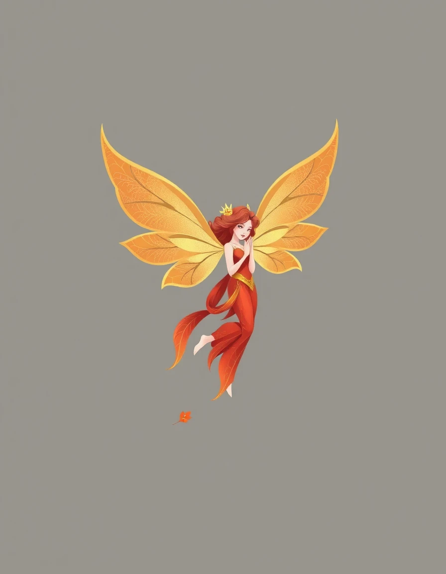 Golden winged forest fae floating gently, elegant fantasy character, soft red and gold colors, clean cartoon illustration, centered on gray background, tee design
