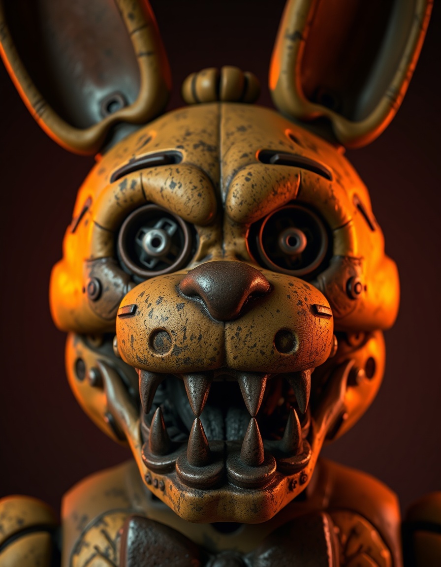 Prompt: A close-up portrait of the character Springtrap (or a similar decayed animatronic rabbit mask) from the Five Nights at Freddy's (FNAF) franchise. The mask is grungy, worn, and yellowish-brown, with visible endoskeleton parts inside the large, hollow eye sockets and wide, menacing mouth filled with metal teeth. The lighting is dark, warm, and ominous with an orange-red glow from the background, creating a scary and detailed 3D render or digital painting.