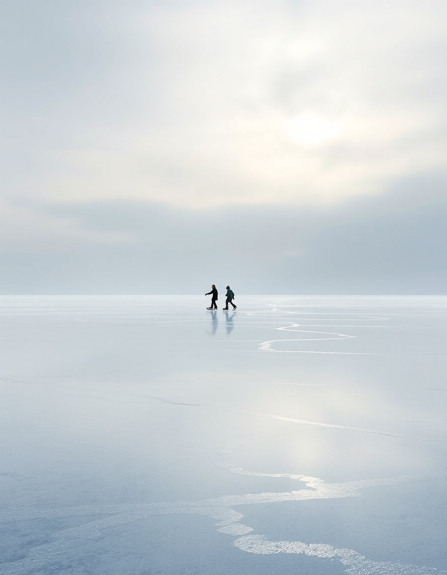 Two distant skaters glide across a perfectly glass-like lake, the horizon reduced to a thin silver line. The composition is ultra-minimal: vast negative space, wide horizontal framing, and mirror-symmetry reflections. STYLE: hyperreal–oil hybrid with micro-specular highlights on ice and soft impasto cloud edges. LIGHTING: cold zenith light with razor-sharp rim glints and gentle volumetric fog hugging the surface. MOOD: clean, architectural, meditative — winter distilled into pure geometry and light.