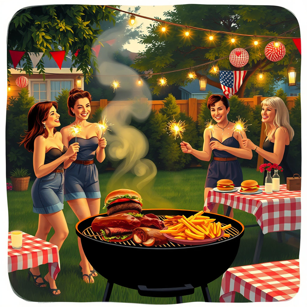 classic hollywood pin-up style featuring flowing ovoid shapes with bold black outlines and soft diffused lighting, creating a nostalgic confident mood through delicate blended brushwork and graphic sculptural elements, bbq subject with hot dogs, burgers and fries prominently displayed, a cozy 4th of july neighborhood block party set in a lush green backyard at twilight, a group of smiling friends laughing while holding glowing, sparkling mini sparklers that illuminate the evening air, in the foreground a charcoal grill gently smoking, loaded with a hearty meal of sizzling burgers, juicy bbq ribs and golden fries, warm twilight hues casting gentle shadows, festive red, white and blue decorations fluttering, picnic tables covered with checkered linens, lanterns and string lights casting a soft golden glow over the scene.