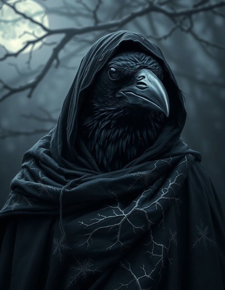 A dramatic, extreme close-up of a crow's head and shoulders draped in a tattered ceremonial robe of black silk, the fabric falling in uneven, frayed folds around its neck and shoulders. The hood is pulled low, obscuring most of its face, but one sharp, glistening eye catches the pale moonlight filtering from above, glowing with an unsettling, intelligent intensity. The silver embroidery on the robe catches the light in thin, branching patternsaskeletal and ancientapartially unraveled and frayed with age. A few loose threads catch the cold breeze, barely visible against the dark fabric. The background is a soft, dark blur of twisted branches and drifting fog, with the faint suggestion of a moonlit forest behind. The mood is eerie, solemn, and charged with ancient power. <lora:V0idv1_k2:1.5>