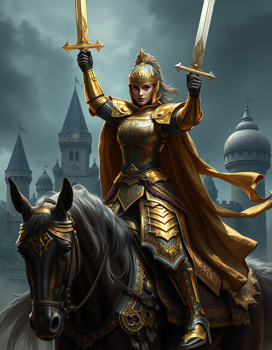 Photo ultra realiste, art numerique. Stunning fantasy concept art of a majestic female knight in intricate golden armor riding a warhorse. Raising her sword in triumph before a medieval castle, this epic warrior queen offers perfect inspiration for D&D characters, fantasy world-building, and digital art lovers. 10 parasta hakusanaa (Tagit) #FantasyArt #FemaleKnight #CharacterDesign #WarriorQueen #MedievalFantasy #DigitalIllustration #ConceptArt #DnDCharacter #ArmorDesign #EpicFantasy