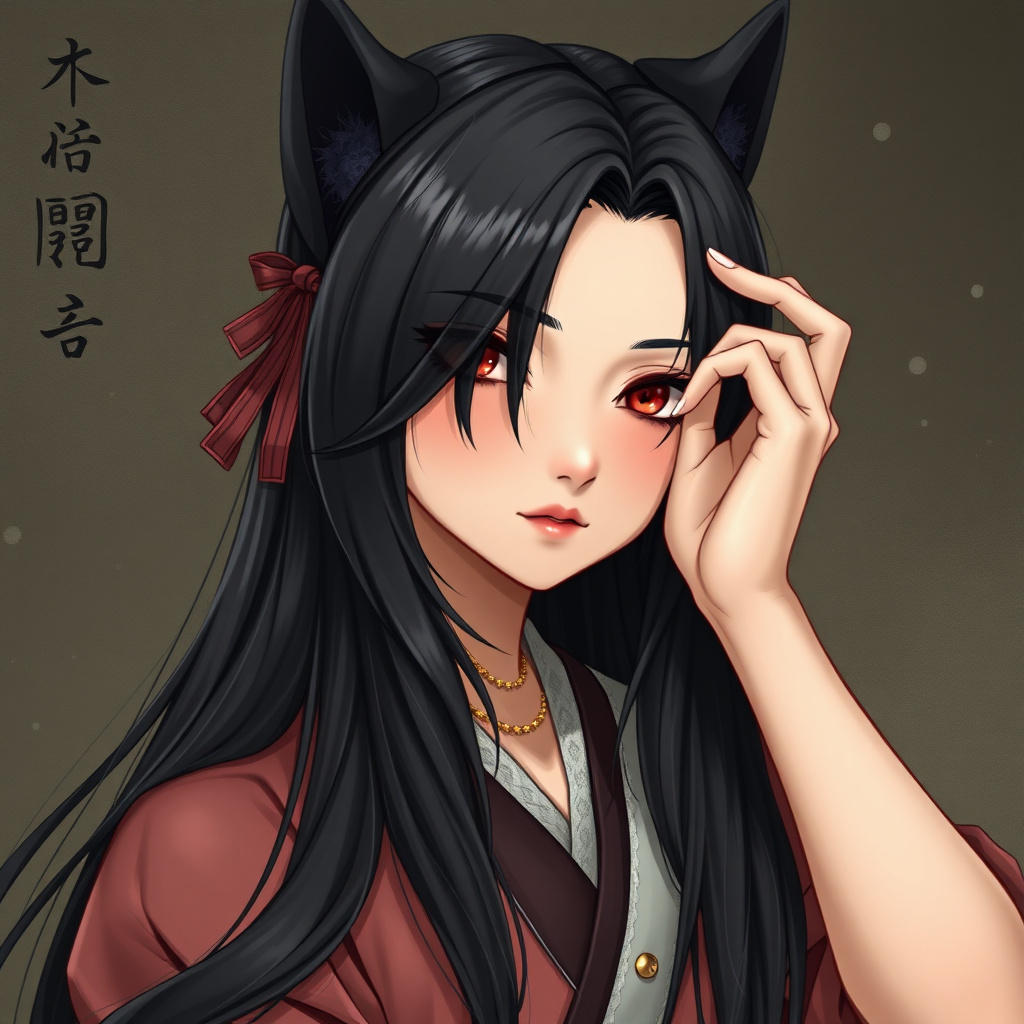 Female, realistic art, Japanese yokai, long black hair, kitsune mask