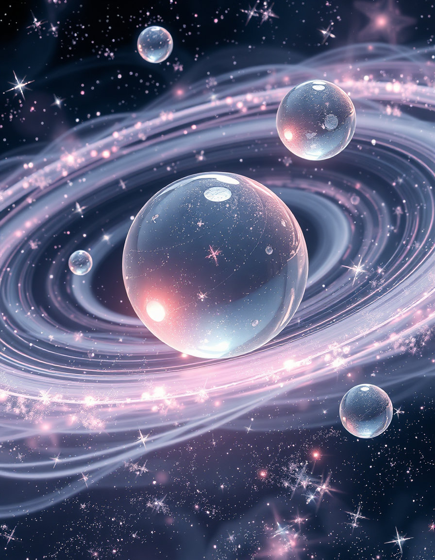 a breathtaking cosmic galaxy scene dominated by a glowing, swirling solar system entirely fashioned from hand‑blown glass, each planet and star rendered as crystal‑clear, translucent glass shapes with flawless transparency and delicate refractions. the color palette is defined by the ice whisper theme: soft, romantic ice‑pink hues blend seamlessly with cool, edgy smoke‑gray tones and shimmering silver accents, creating a swirling glimmer background that ripples like aurora across the deep starfield. glass surfaces catch the ambient light, producing intricate reflections, prismatic rainbows, and subtle inner glows that highlight the ethereal beauty of the glass‑crafted celestial bodies. the overall composition feels both dreamy and futuristic, with the ice whisper colors swirling through the glass galaxy, casting a luminous, gentle mist over the interstellar void.