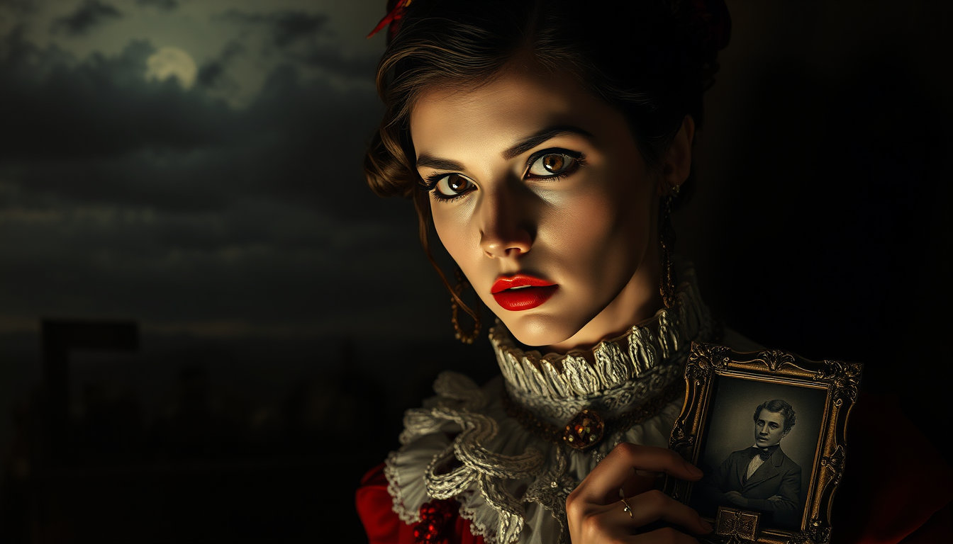 in a dimly lit, eerie scene, a vintage-inspired setting emerges with the dark lighting style, reminiscent of a creepy old victorian mortuary. the atmosphere is foreboding, with heavy shadows that seem to seep from the walls and dark corners. in this mysterious environment, a subject takes center stage, posing in the style of j.c. leyendecker's vibrant, hard-cel shaded artwork from 80s graphic novels. the character's clothing and accessories are ornate, with intricate details and high-contrast colors that seem to leap from the darkness. their vibrant presence is illuminated against the otherwise somber backdrop. to the character's right, a stunning figure emerges in digital oil painting style, their features rendered in exquisite, hyper-realistic detail. the subject's eyes are a piercing brown, and their skin has a smooth, luminescent sheen. every hair strand and fold of fabric is precisely captured, as if the subject was plucked from a renaissance still life. in the background, a hauntingly beautiful paintery medium scene unfolds, recalling the grand sweeping vistas of old masters' works. the sky above is a deep, foreboding grey, with thick clouds that seem to obscure the sun, casting a melancholy light on the proceedings. fine brushwork and layered glazes imbue the scene with a painterly quality, while the character in the foreground stands sharply, with concept-art precision. however, as the subject's gaze drifts downward, their eyes seem to lock onto something - a small, worn photograph, delicately framed in gold, with the subject's own likeness captured in an eerie, dark victorian post-mortem studio portrait. this macabre image seems to emanate an otherworldly aura, hinting at long-forgotten secrets, or mysteries that lurk just beyond the veil of the living.