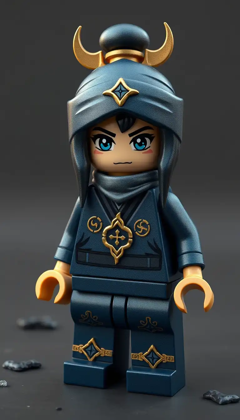 Nya – Hüterin der zerbrochenen Balance
Aussehen: Dunkelblauer Ninja-Anzug mit silbernen Rissen (symbolisch für instabiles Wasser)
Verhalten: Ruhig, strategisch, emotional kontrolliert
Lore: Ohne Grünen Ninja wird sie zur spirituellen Führungsfigur, weigert sich aber, „Auserwählte“ zu sei in lego ninjago style gelb