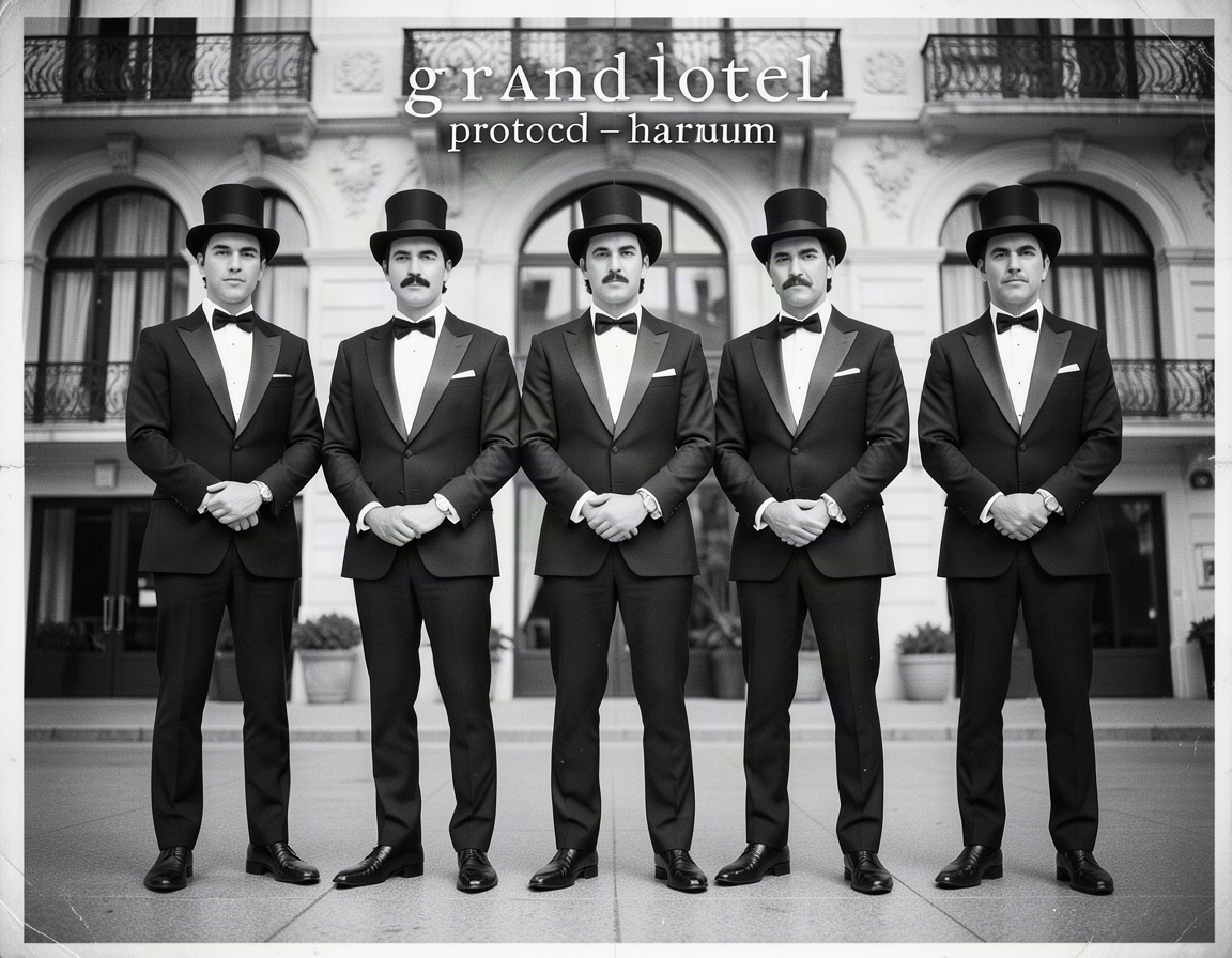 formal tuxedos: black and white photograph, five distinguished male figures in identical black tuxedos with satin lapels, white dress shirts, black bow ties, polished black dress shoes, each wearing a top hat; figure1: clean‑shaven, hands clasped, direct gaze; figure2: mustache, hands in pockets, direct gaze; figure3: clean‑shaven, hands clasped, direct gaze; figure4: mustache, hands in pockets, direct gaze; figure5: clean‑shaven, hands clasped, direct gaze, standing in a static frontal stance before a grand hotel facade with arched windows and ornate balconies, vintage album cover aesthetic, overlay reading "grand hotel – protocol harum", high contrast monochrome, symmetrical composition, shallow depth of field, cinematic lighting, 85mm portrait lens.