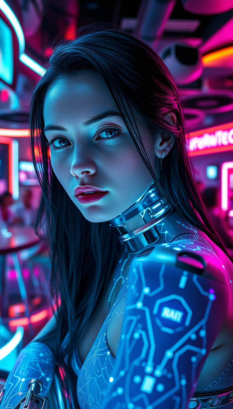 mesmerizing half‑cyborg woman seated in a futuristic cyberpunk bar, looking directly into the camera, ultra‑realistic detail. her skin glows with intricate bioluminescent patterns that cast a soft ethereal light across her flawless, naturally beautiful face, emphasizing long, flowing black hair and expressive eyes that shimmer with intelligence. seamlessly integrated sleek metallic cyborg components adorn one side of her body, with glowing circuits that pulse gently in sync with the bioluminescence, highlighting delicate metal joints, nano‑engineered plating, and translucent data veins. the bar interior features neon‑lit walls, reflective chrome surfaces, and holographic digital displays, creating a vibrant cyberpunk aesthetic. a mixture of human and cyborg patrons fill the background, engaged in lively conversation, their silhouettes softly blurred by shallow depth of field. dynamic soft neon lighting in blues, purples, and pinks enhances the futuristic ambiance and accentuates her luminous glow, while a shallow 50mm f/1.2 perspective gives crisp focus on her face and cyborg details, with the surrounding scene gently out of focus.