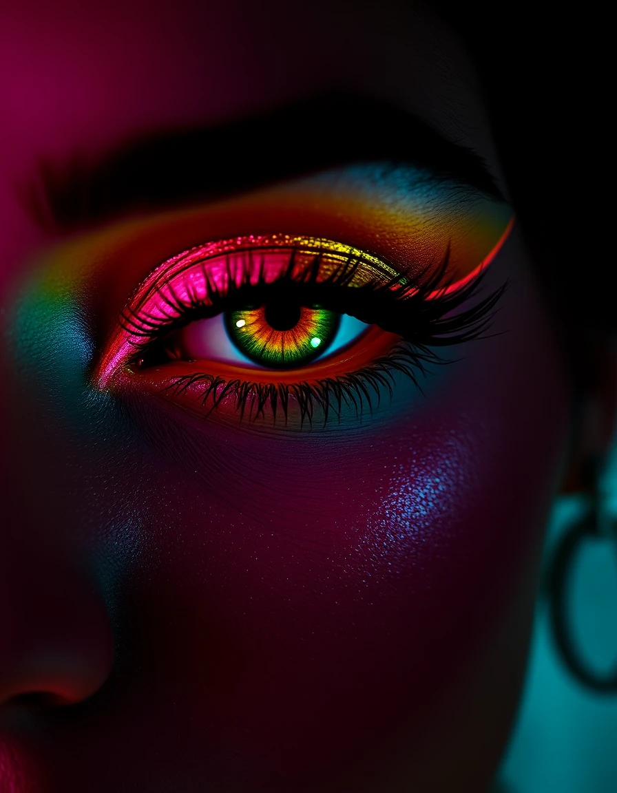 a close-up, trendy makeup look of a bride's eyes, featuring an abstract explosion of pink and gold colors with chaotic, dynamic energy. the scene utilizes a "candy noir" style with high-contrast candy colors like bubblegum pink and lemon yellow set against absolute black, where hues pop like neon sugar crystals dissolving in darkness. the saturation is cranked, edges are crisp, and brightness is sharpened by the surrounding void, creating a playful yet sinister palette. this is further enhanced by an "acid pastel" style, where delicate pastel bases of soft pinks and mints are overcharged with sudden acidic jolts of neon lime and electric magenta. the edges bleed between gentle and toxic hues, causing a visible vibration. the makeup includes glitter and glittery eyeliner, emphasizing a kashees bridal aesthetic with a close-up focus on the eyes.