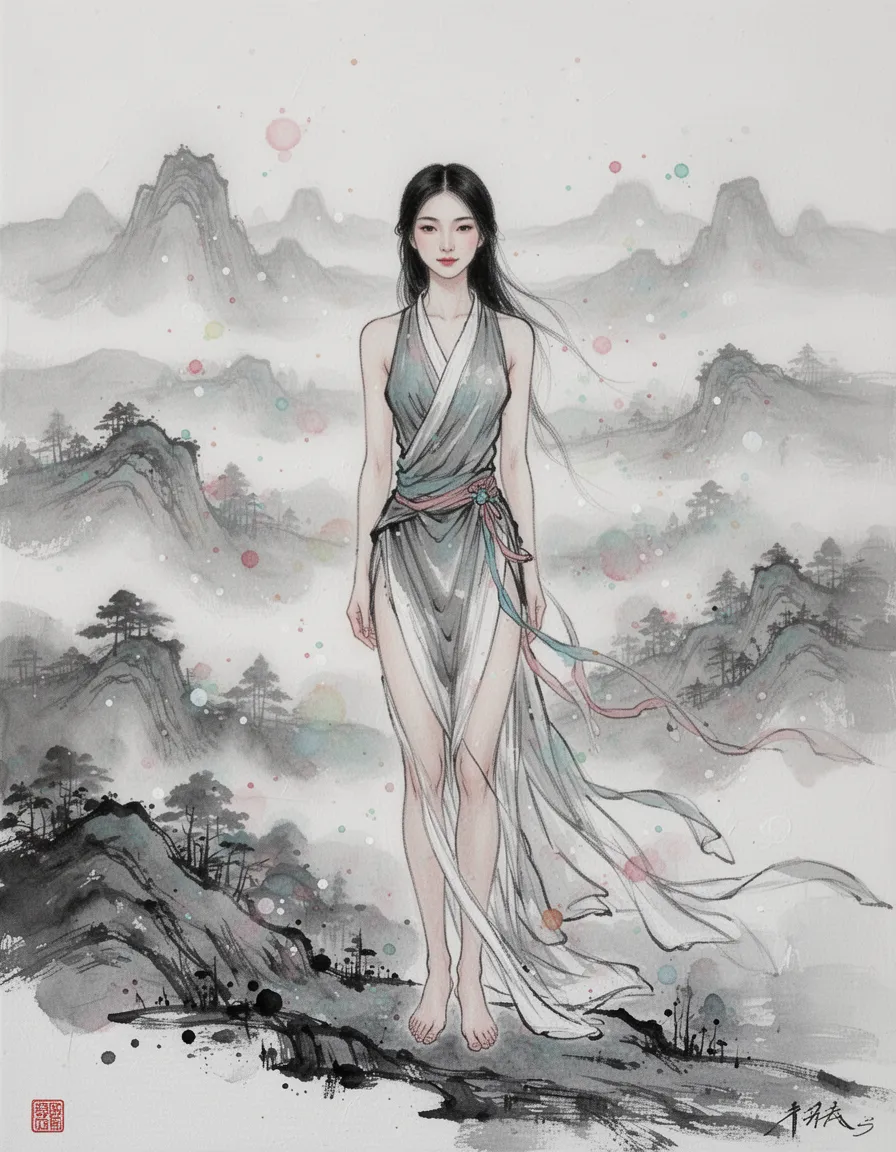 "a young adult oriental woman, with a strong, slender figure, long legs, and gentle confidence, stands on a serene, misty landscape, rendered in the delicate, expressive style of traditional japanese sumi-e ink wash painting, where subtle watercolor accents dance across the canvas, evoking a sense of harmony and introspection, her refined form a subtle presence amidst the soft, feathery brushstrokes and delicate washes, as the matte dielectric surface and impasto oil paint texture recede into the background, allowing the subtle beauty of the ink wash to take center stage."