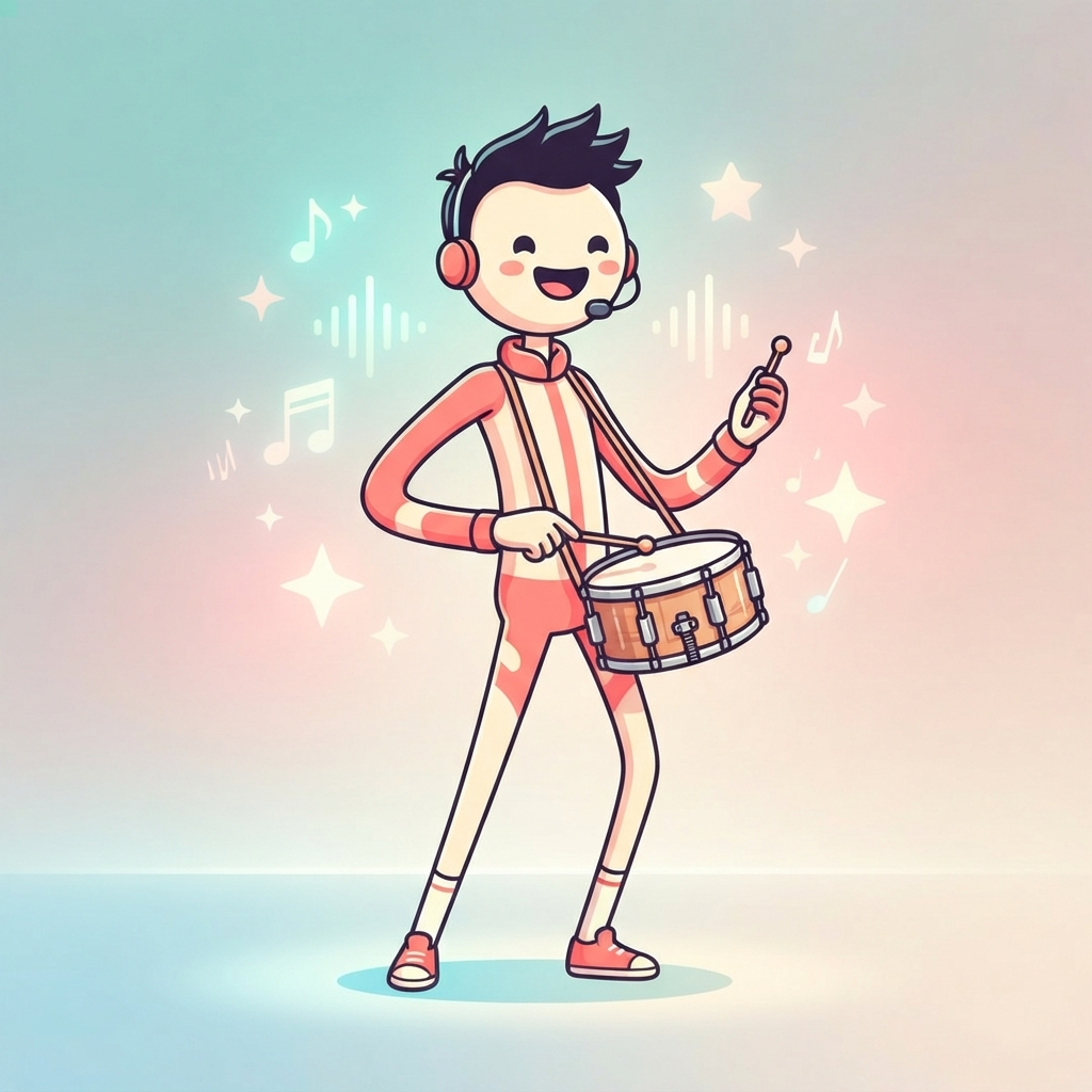 cute simple music-game beatbox character, tall thin body in coral pink and cream, small dot eyes, wide smile, holding a tiny drum, flat cartoon style, full body, clean soft gradient studio background, vibrant, crisp high detail, digital illustration