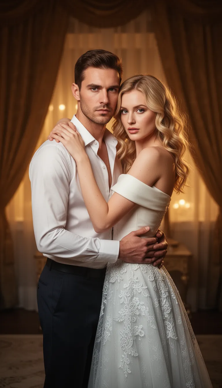A man and a beautiful Caucasian woman are embracing within a dimly lit, luxurious room. The man poss