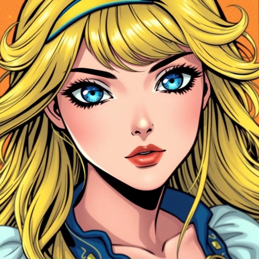 Create a spellbinding femme anime character, adorned with cascading locks of blonde hair and entrancing blue eyes, reminiscent of a fairy tale enchantress. Immerse her in a vibrant, vintage comic book universe, where each detail pops with color and precision that blurs the lines between fantasy and reality.