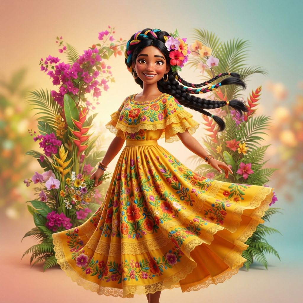 3D animated movie style Colombian woman with long braided black hair, flowing yellow embroidered dress, tropical flowers blooming around her, clean soft gradient studio background, vibrant, crisp high detail, digital illustration, no text, no words