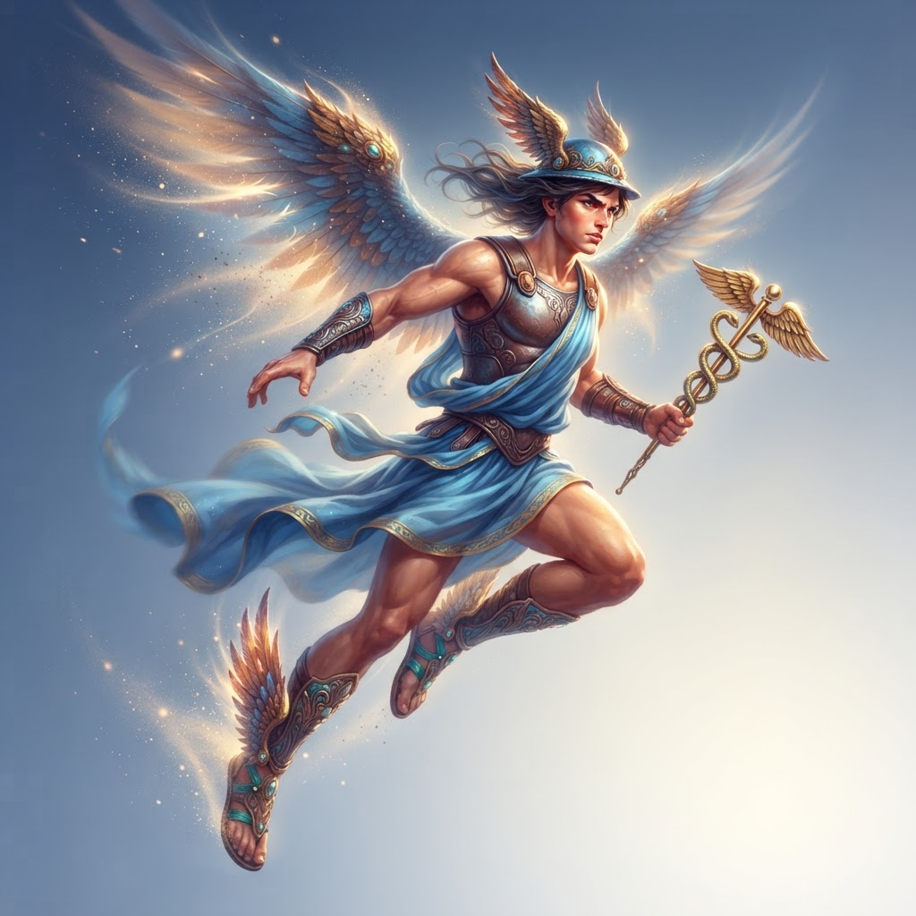 original character young Greek god messenger, winged sandals and winged helmet, athletic build, dynamic action pose