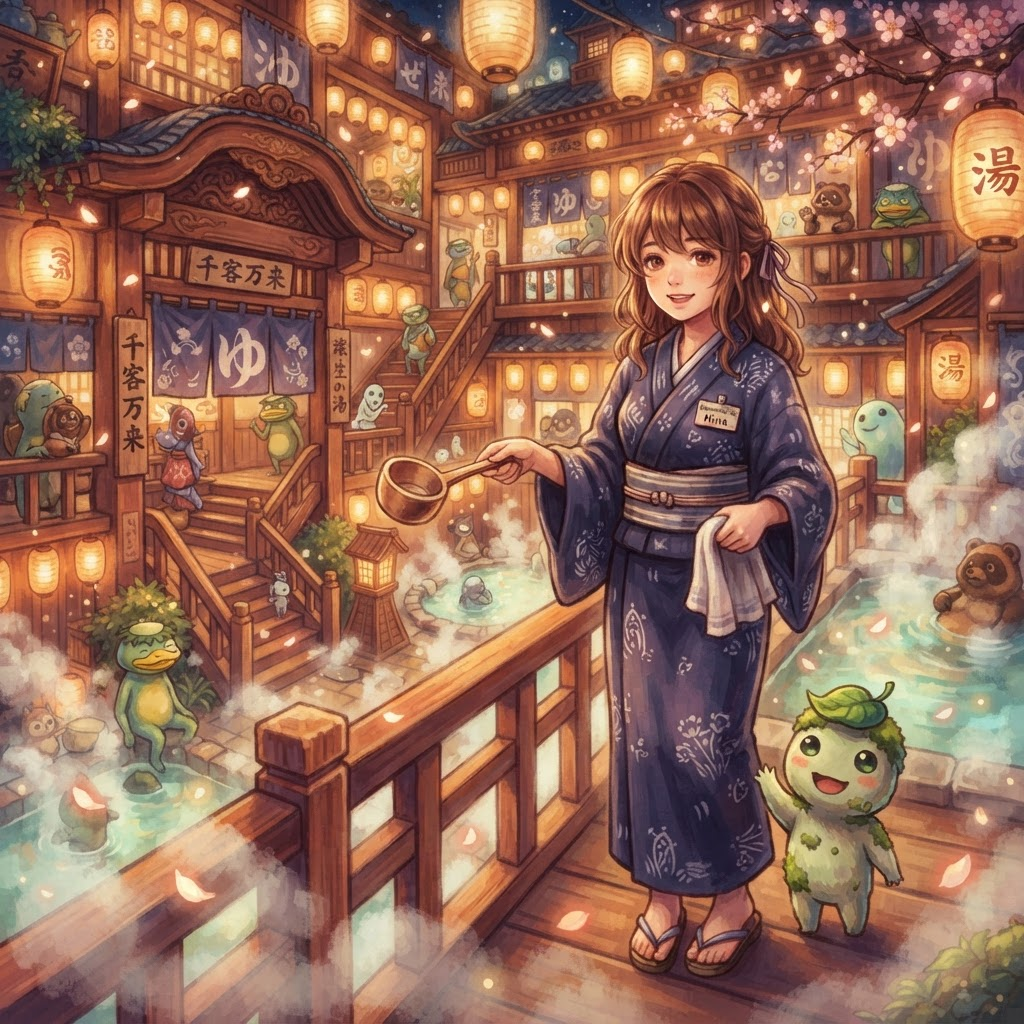 an original anime OC character in a mystical Japanese spirit-world bathhouse, a young spirit-bathhouse worker in a traditional indigo kimono uniform, standing beside a small friendly forest spirit creature, glowing paper lanterns, cherry blossoms, magical steam, Studio Ghibli inspired painterly style, warm nostalgic lighting, highly detailed illustration