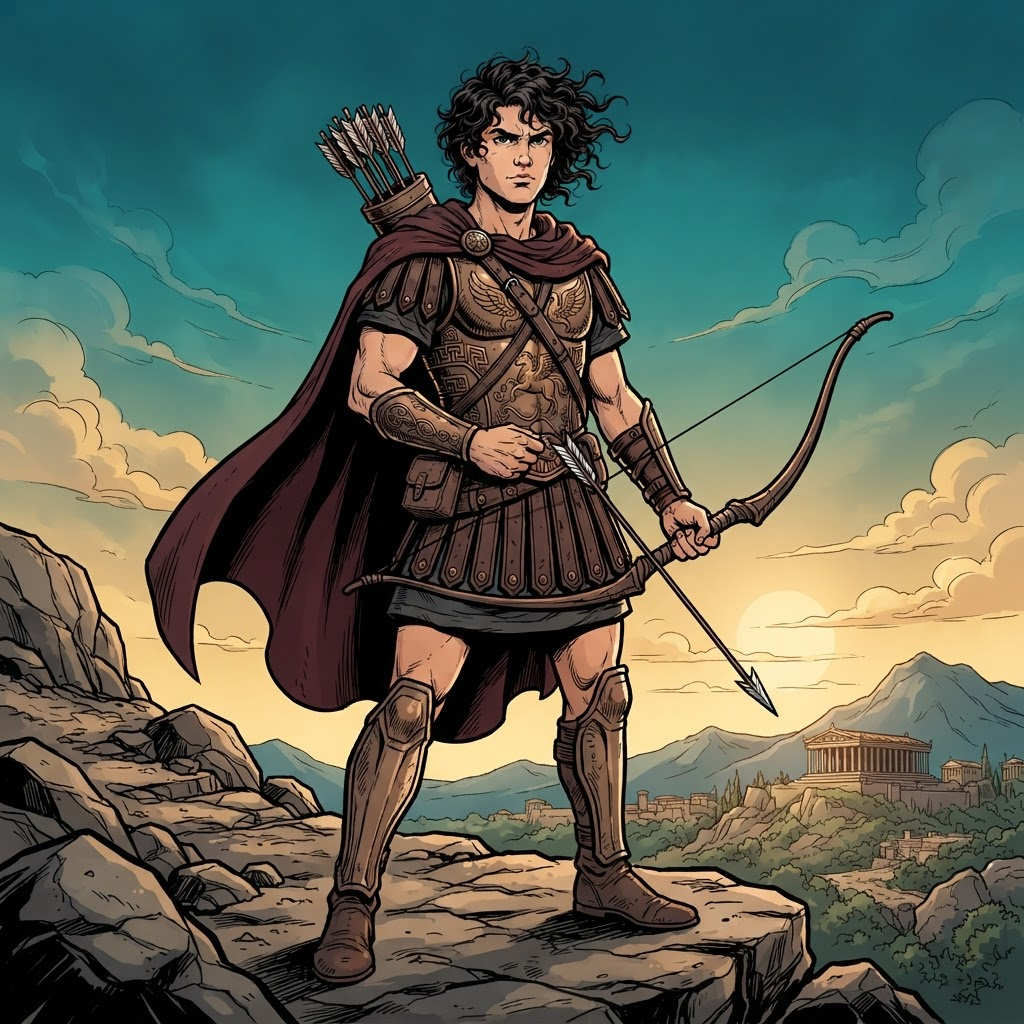 original greek demigod archer character, young man with dark curly hair, bronze chest armor and a quiver of arrows, holding a bow, standing full body, bold ink lineart comic book illustration, flat cel shading, teal and gold gradient sky background, full bleed edge to edge composition with no border and no frame, crisp high detail, no text, no words, no watermark