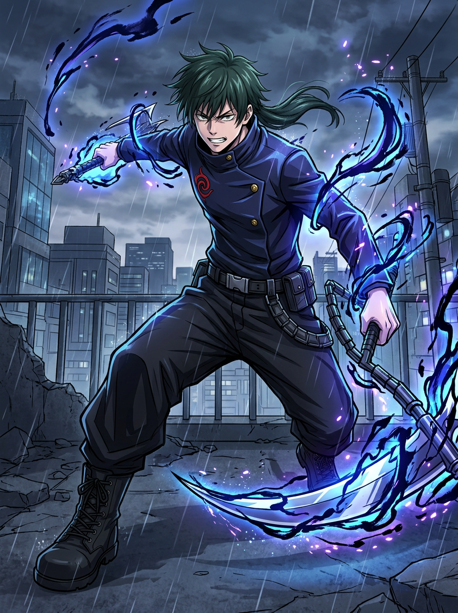 an original jujutsu sorcerer character, confident battle stance, glowing cursed energy swirling around the body, sleek dark sorcerer uniform, signature weapon, Jujutsu Kaisen anime style, cinematic MAPPA-inspired action, crisp cel shading, dynamic cursed-energy effects, dramatic ink linework, high-contrast lighting, fluid action poses, detailed sorcerer uniforms, intense facial expressions