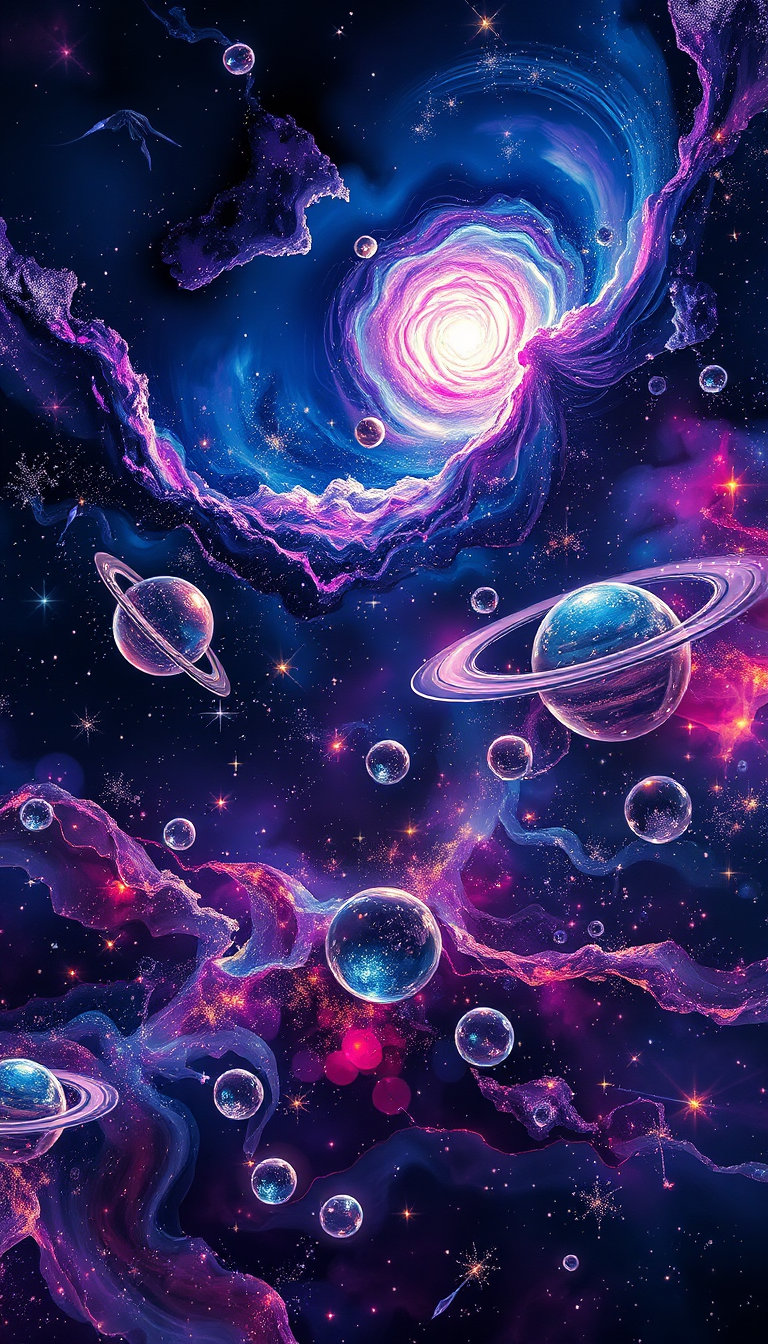 a breathtaking cosmic galaxy scene where the entire celestial landscape is fashioned from crystal‑clear, swirling, translucent hand‑blown glass: luminous glass nebulae swirling in deep violet and midnight blue, their filaments glowing like delicate stained‑glass veins; a radiant glass solar system with a shimmering glass sun radiating prismatic light, surrounded by planets rendered as perfectly smooth glass spheres, each reflecting intricate internal rainbow patterns and refracting starlight into sparkling shards. the glass stars glitter like faceted gems against a backdrop of dark glass void, while delicate glass comets trail icy, glassy tails that catch and refract the galaxy’s ambient glow. every element—nebulae, star clusters, planetary rings, and cosmic dust—appears as exquisite, transparent glass creations, glowing with inner luminescence and casting soft, ethereal reflections throughout the interstellar tableau.