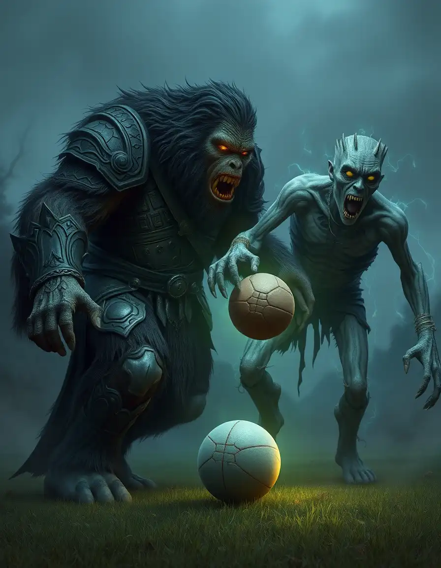an imposing bigfoot in dark fantasy garb plays kickball with a lumbering frankenstein's monster. the dark fantasy creature, bigfoot, wears intricately carved, ancient armor and has piercing glowing eyes. frankenstein's creature, meanwhile, has ghostly auras surrounding his stitched-together form and an aura of grotesque beauty about his stitched features.