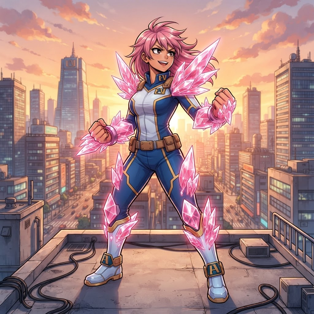 original My Hero Academia style anime character, girl with a mutant-type crystal quirk, translucent pink crystal armor growing from her arms and shoulders, heroic stance on a rooftop, MHA anime art style