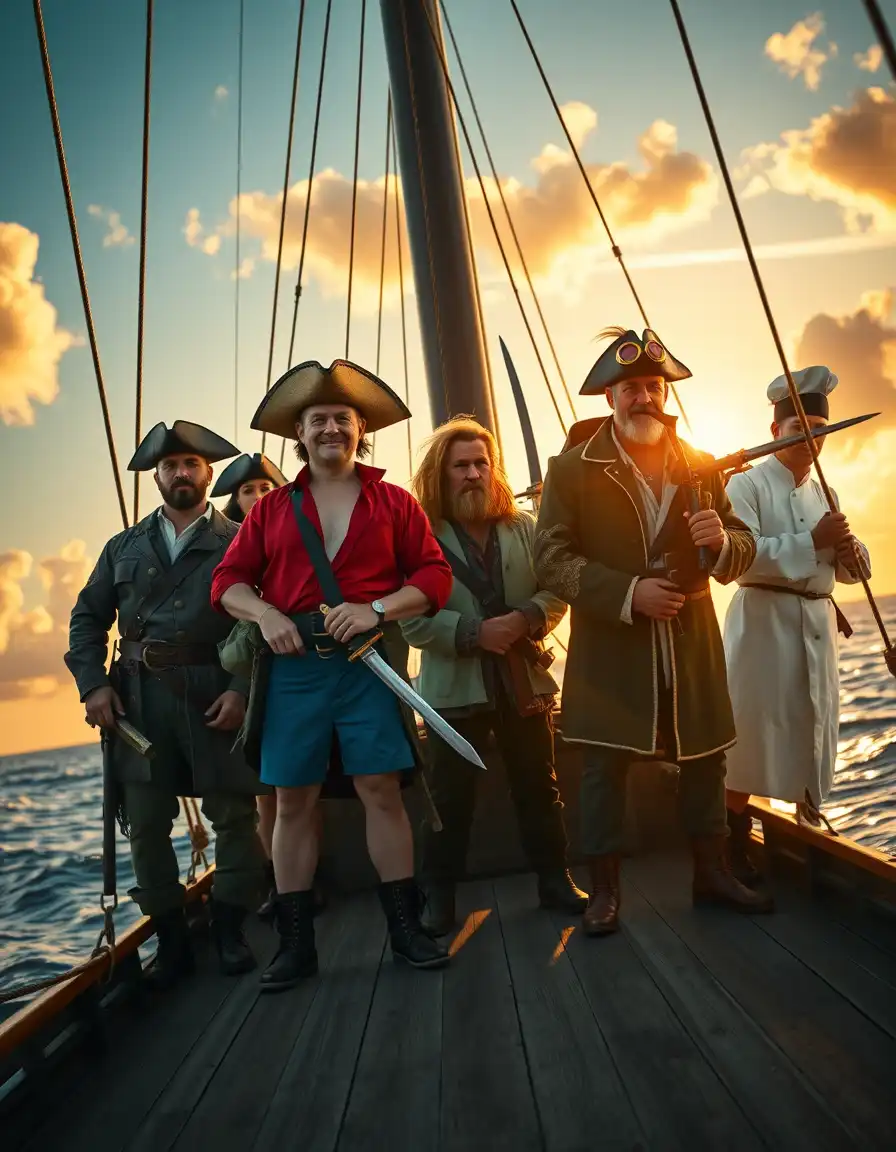 Live action inspired pirate crew standing together on the deck of a large wooden ship in the middle of the ocean at sunset, featuring a young captain with straw hat, red open shirt, blue shorts, confident smile, swordsman with green hair holding swords, elegant orange-haired navigator, long-nosed sniper with goggles, blonde chef in black suit, cinematic realistic movie style, ultra detailed clothing and skin textures, dramatic ocean waves, giant pirate ship sails blowing in wind, golden sunset lighting, realistic clouds and sea reflections, epic adventure atmosphere, hollywood blockbuster composition, highly detailed faces, realistic proportions, professional movie poster style, depth of field, volumetric lighting, masterpiece, ultra sharp focus, 8k resolution, ultra HD, realistic live action fantasy adventure