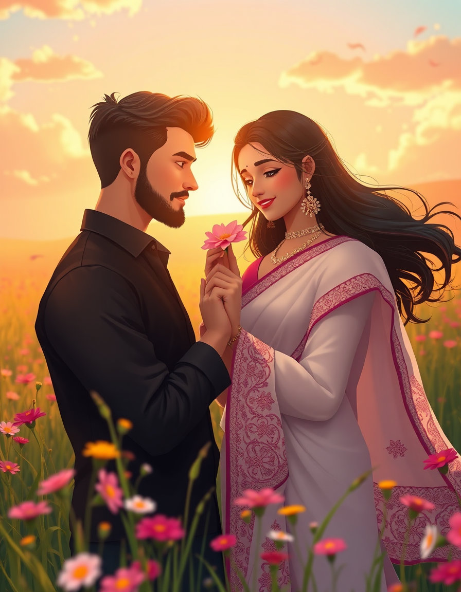 in a serene, sun-kissed meadow filled with vibrant, colorful flowers, a handsome young boy with a soft beard and moustache, clad in a sleek black shirt, tenderly adjusts a delicate pink flower to rest beautifully in the flowing locks of a lovely maiden, whose eyes are carefully lined with kajal and whose shy smile brightens up the air as she gazes lovingly at the young man. the enchantress herself wears a stunning, intricately embroidered white saree, adorned with the soft rustle of glass bangles that gently sway in the gentle breeze, as her long, dark hair and delicate saree pallu float effortlessly on the air currents. the atmosphere is peaceful, the mood is romantic, and the scene is bathed in the warm, golden light of cinematic film-style sunset, with dramatic shadows and soft, creamy highlights that evoke the feeling of a stunning ghibli-inspired painting. the soft grass beneath their feet waves gently in the breeze, as tiny flower petals dance around them, and clouds drift slowly across the brilliant blue sky above. every detail is lovingly rendered in this dreamy, animated scene, with smooth camera movements and a breathtaking focus on emotional eye contact, as the young couple shares a tender, loving moment that is both deeply personal and entirely cinematic.