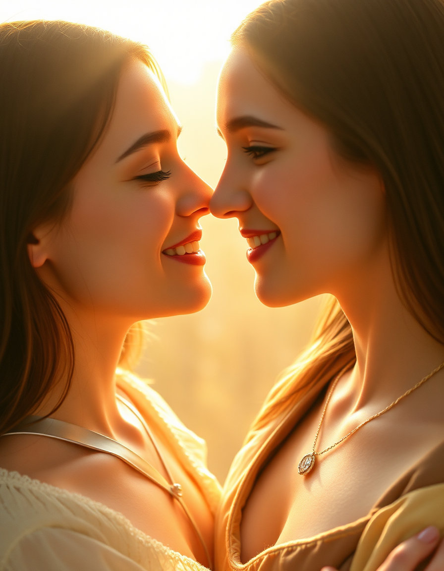 "a modern reimagined mona lisa, two women in love and adoration, isometric projection view, softly veiled by morning mist, gentle sunlight filtering through haze, warm soft dawn light bathing the tender scene, delicate glittering diamond necklace draped around the smiling woman's neck, intimate serene ambiance, understated luxury pervades with tranquil clarity, verticals remain parallel in delicate balance, subtle convergence of planes, peaceful morning hush"