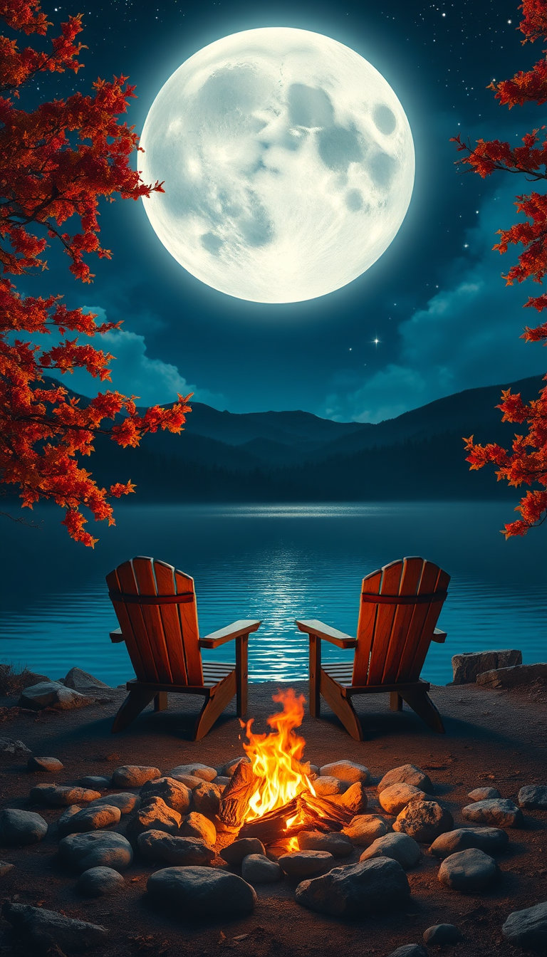 A breathtaking cinematic fantasy nightscape beside a calm crystal-clear lake under a massive glowing full moon. The moon hangs perfectly centered in a deep sapphire-blue sky filled with countless sparkling stars and soft luminous clouds. Moonlight creates a shimmering silver reflection stretching across the lake's surface toward the viewer. On both sides, elegant autumn trees with vibrant crimson-orange leaves frame the scene naturally, their branches gently illuminated by moonlight. In the foreground, two rustic wooden Adirondack chairs face the lake, positioned around a warm campfire surrounded by smooth stones. The fire emits golden-orange flames, casting cozy light and realistic shadows on the ground. Misty forest-covered hills fade into the distance, creating depth and atmosphere. Ultra-detailed fantasy artwork, magical mood, volumetric moon glow, soft cinematic lighting, dreamy reflections, highly detailed foliage, tranquil wilderness, masterpiece quality, 8K resolution, perfect symmetry, vibrant color contrast, fantasy wallpaper, enchanting nighttime ambiance, ultra-realistic digital painting.