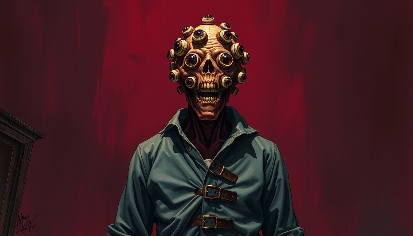 a foreboding atmosphere is established with an eerie setting, characterized by a blend of the dark, unsettling essence of the 'scary' vibe and the bold, stylized aesthetic of an 80s graphic novel. the overall color palette is high in contrast, with an emphasis on bold, vibrant hues reminiscent of the work of j.c. leyendecker, juxtaposed against a darker, ominous tone to evoke a sense of unease. in the foreground, a character stands isolated, encased in a long, tattered straightjacket that appears worn and frayed, with numerous rusted metal buckles and hinges that seem to dig into the subject's body. the character itself is a twisted, nightmarish figure with an unsettling countenance, its face a grotesque canvas of numerous, bulging eyes that seem to stare in every direction, creating an unblinking, unnerving gaze. these eyes are not uniformly sized, with some appearing larger and more prominent than others, as if they are bursting from the skin beneath. there is no discernible mouth, a stark, lip-less orifice that adds to the sense of menace and otherworldliness. the overall style of the piece is akin to a hyper-realistic digital oil painting, with the brushstrokes and textures meticulously rendered to give the impression of a painstakingly crafted work of art. the painterly finish is evident in the subtle blending of colors and the nuanced play of light on the subject's features. the background is a deep, rich color, evoking a sense of foreboding and unease, while the matte-painting sensibility adds a sense of depth and dimensionality to the scene. the concept-art quality of the character's refinement adds an air of sophistication and attention to detail, setting the subject apart as a uniquely unsettling entity. in this haunting scene, the very air seems to vibrate with an unspoken malevolence, as if the very presence of the character is enough to unsettle the viewer and summon a creeping sense of dread.