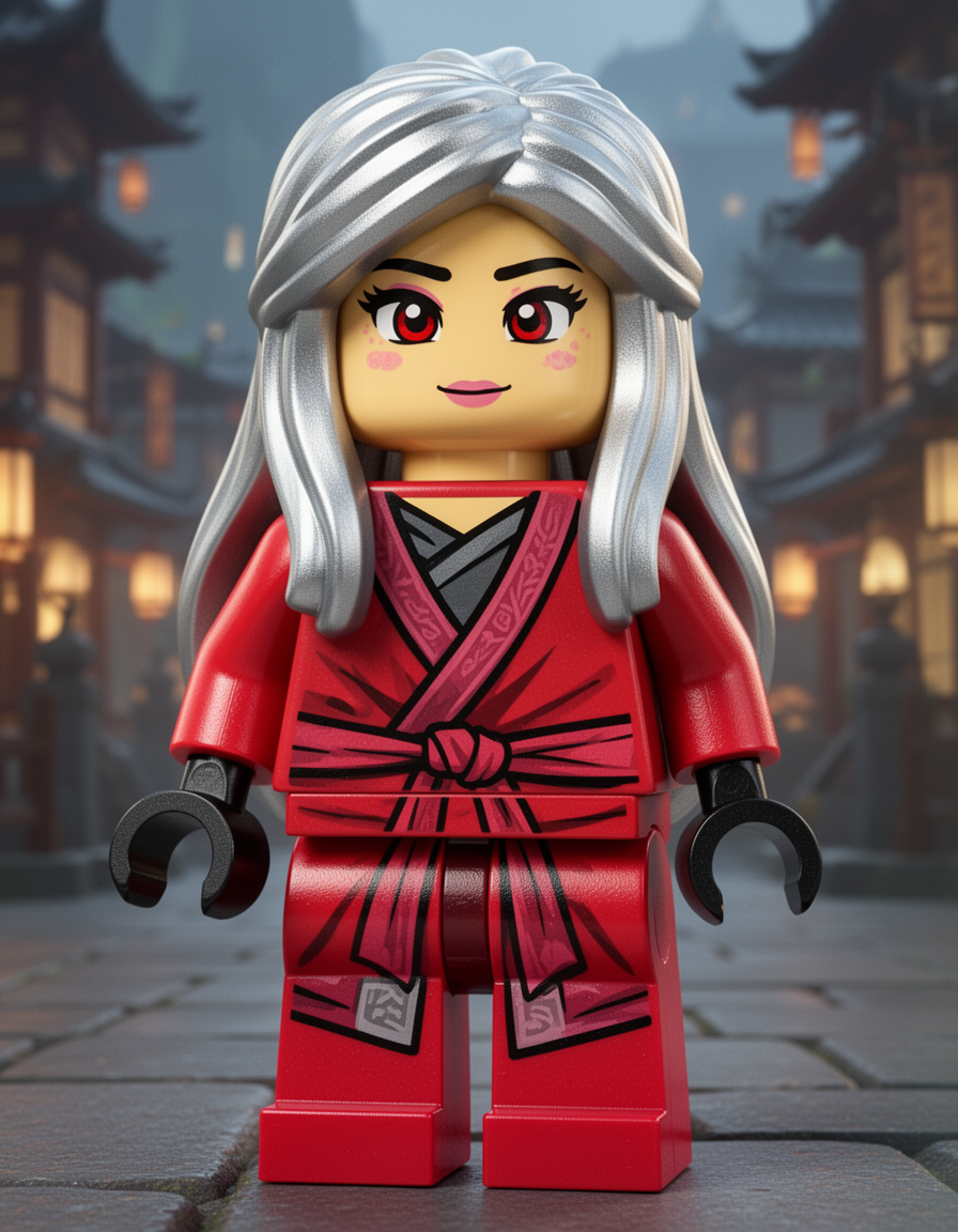 Ninjago girl with long silver hair and red eyes lego body and face wearing a ninja outfit. That match the movies ninjago