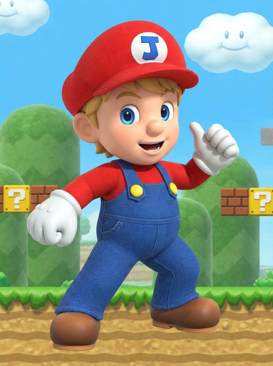 Can we have a picture of this boy in the animated style from the Wii game Super Mario Bros Wii? He should resemble the boy in the picture (same blue eyes, same blonde hair) but he should be animated in a super mario-style like a character. He should have the same overalls, same hat but with a "J" on it, same gloves, same shoes, but no moustache.