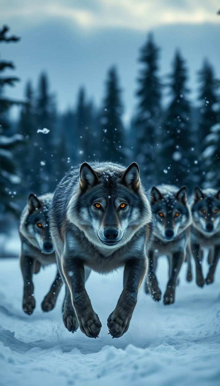 Ultra realistic gray wolf pack running through a snowy Alaskan forest during a winter storm at dusk, cinematic snow particles flying through the air, glowing amber wolf eyes focused on an exhausted elk ahead, detailed fur textures covered with frost, dark pine trees blurred in the background, dramatic blue twilight lighting, realistic frozen breath visible in cold air, National Geographic documentary realism, hyper detailed wildlife photography, cinematic depth of field, 8k winter wilderness realism, vertical composition for TikTok and YouTube Shorts, IMAX wildlife documentary lens style
