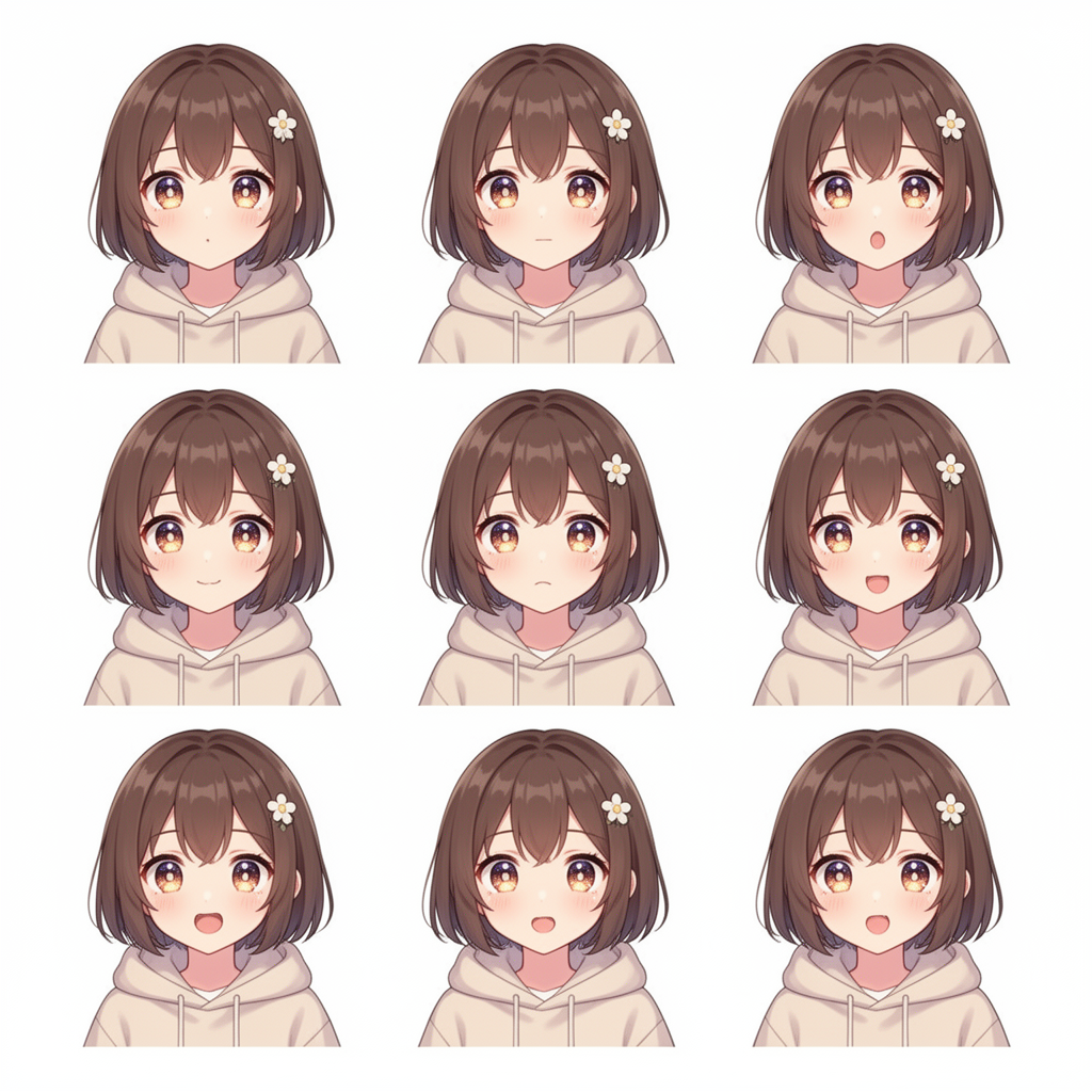 A nine-panel expression sheet of a brown bob-haired VTuber