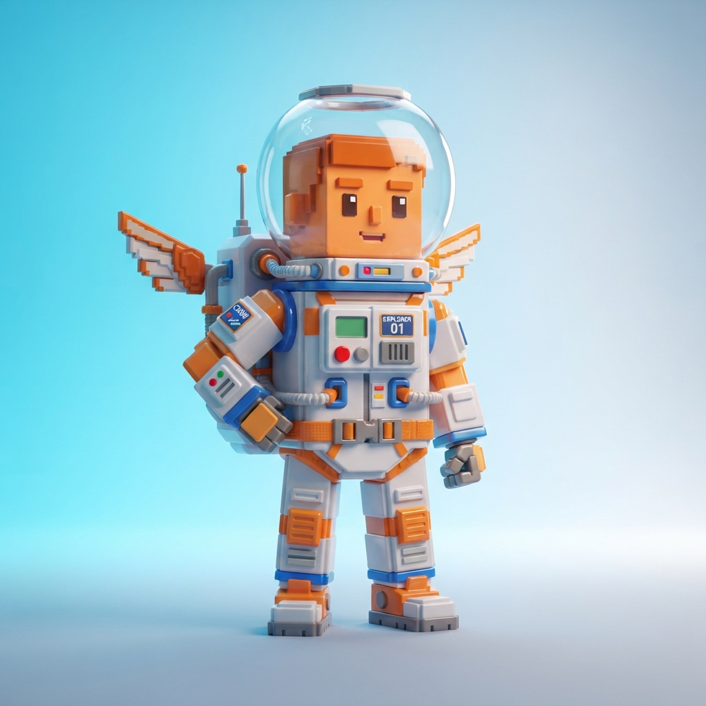blocky 3D avatar character dressed as an astronaut, boxy limbs, flat orange skin, layered spacesuit with a backpack, fishbowl helmet pushed up, tiny wings accessory, glossy toy render, bright blue studio background