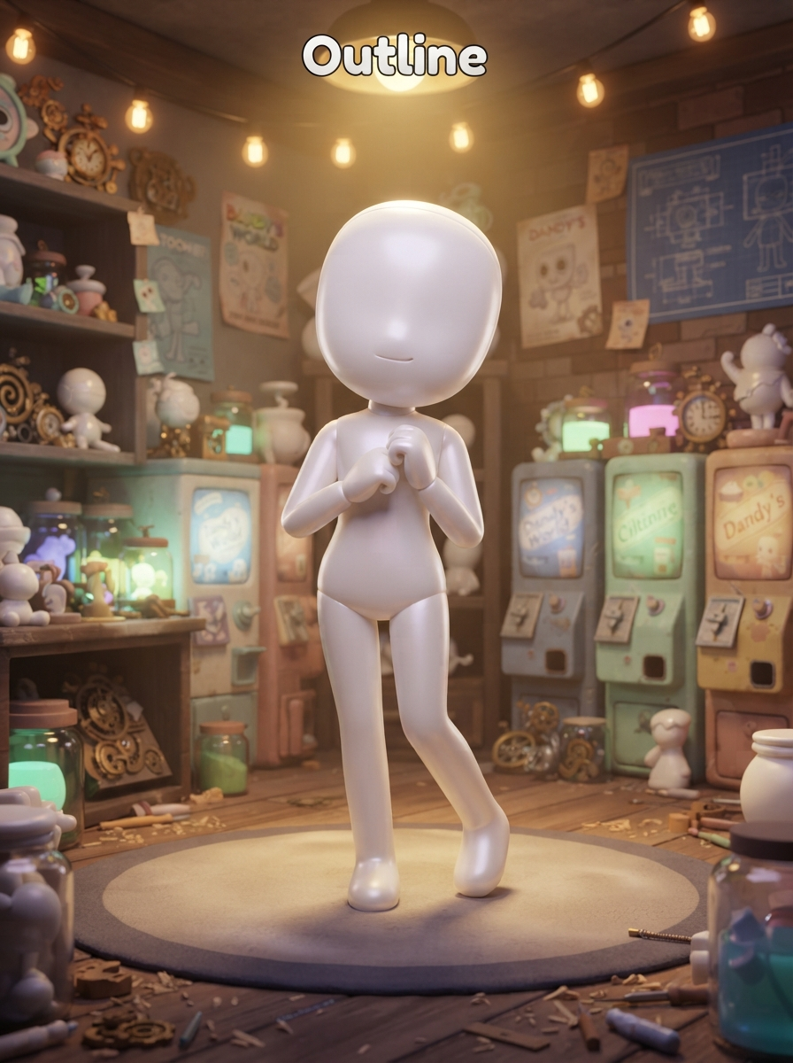 A blank porcelain outline waiting for its first shape, standing in Dandy's shop under dim golden light, in the style of Dandy's World, cute 3D toon render, pastel-but-eerie colors, whimsical vending-machine world, full-body character portrait, centered, relaxed lively stance. SFW, everyone fully clothed in modest attire. Crisp detail, sharp focus, rich lighting, highly detailed