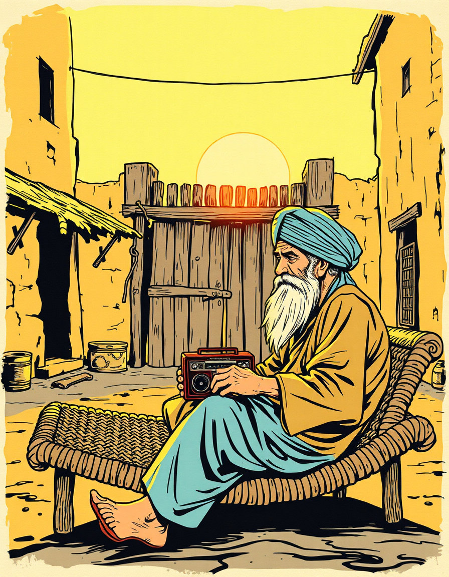 Prompt: "Vintage 1970s style comic book illustration. In a rustic Indian village courtyard under a warm sunset, a weary elderly man, Karam Singh, with a long white beard and a light blue turban, sits patiently on a traditional woven charpoy rope cot. He is holding a vintage analog transistor radio in his lap, looking longingly towards the weathered wooden main gate. Retro comic art style with textured paper, rough ink outlines, halftone dot printing effects, and a muted color palette of dusty yellows and deep blues."