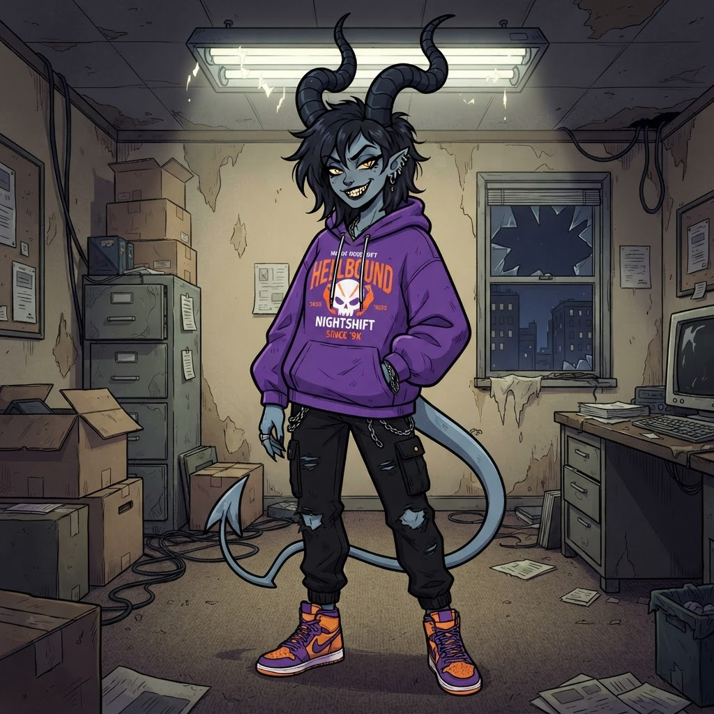 cartoon grey-skinned demon woman, tall thin build, long curled horns, spade-tipped tail, sly grin with sharp teeth, purple streetwear hoodie and sneakers, run-down office with flickering lights behind her, thick bold outlines, flat colours, 2D adult cartoon style, full body