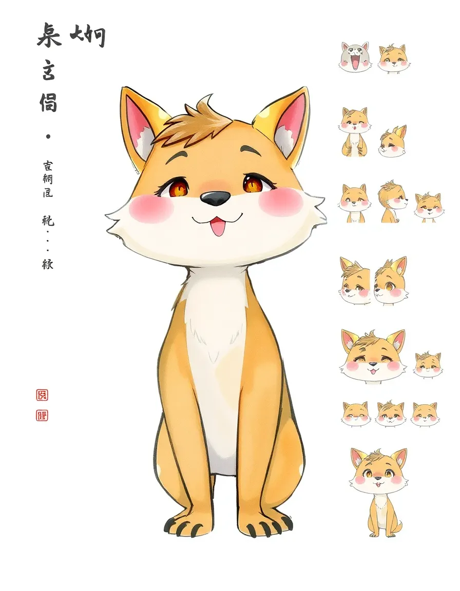watercolor illustration, textured brushstrokes, soft shading, anthropomorphic animal character, cartoon style, animation character sheet, front view, side profile, expression sheet, 生成一張航拍鏡頭, 畫面是森林, 有山, 有河, 有動物