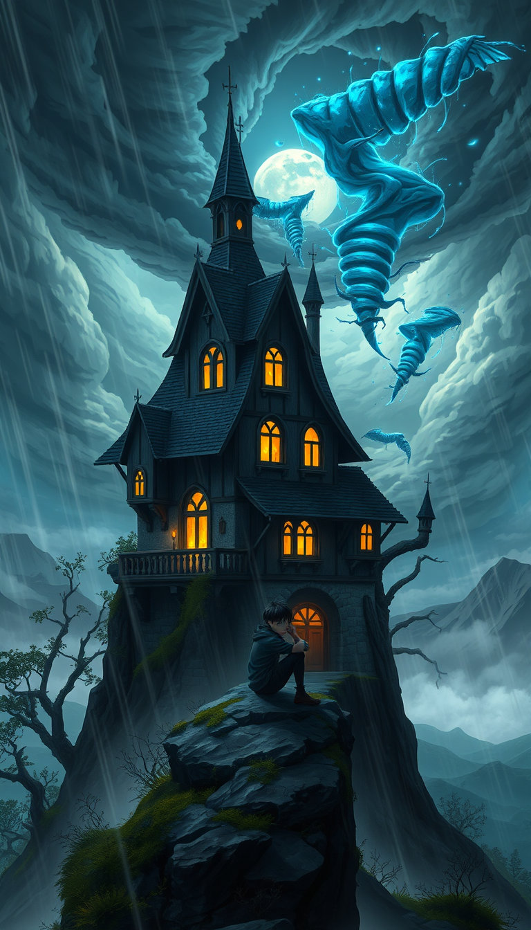 in a breathtaking, 8k resolution depiction of a fantastical gothic cottage core medieval fantasy scene, a whimsical, dark-inspired gothic cottage stands atop a mist-shrouded, moonlit mountain, its turrets and spires reaching toward the heavens like skeletal fingers. the architecture is infused with a sense of mystical wonder, as if the very walls hold secrets and stories of ancient lore. the cottage radiates a warm, golden light, its windows aglow with a soft, ethereal glow, like candles in a mystical chapel. the surrounding landscape is alive with the essence of the medieval era, from the gnarled, twisted trees to the moss-covered stones, all imbued with a sense of age and mystique.
in the foreground, a teenage boy, inspired by the anime art style, sits on a rocky outcropping, his slender figure silhouetted against the turbulent, stormy sky above, as if bracing himself against the fury of the tempest. his eyes, pools of deep longing, gaze wistfully into the distance, his expression a poignant testament to the pangs of loneliness and yearning. rain and wind lash down around him, threatening to sweep him away, but he stands firm, his stance a testament to his unyielding spirit.
the storm itself is a maelstrom of color and light, a vortex of deep blues, dark grays, and flashes of electric blue, as if the very heavens themselves are unraveling their wrath upon the world. tornadoes rip through the landscape, their funnels glowing with an otherworldly light, casting long, ominous shadows across the ground below. thunder booms and crackles, shattering the air with its deafening sound, as the wind howls like a chorus of lost souls, a mournful cry that seems to pierce the very soul.
the background, a masterful blend of realism and fantasy, stretches to the horizon, where rolling hills give way to distant mountains, their peaks lost in the swirling clouds. the camera, positioned in a front-facing angle, draws the viewer into the heart of the storm, placing them beside the lonely boy, who reaches out with a trembling hand, as if imploring the winds to stop their fury, to ease their relentless onslaught. it is a poignant, cinematic moment, one of beauty and desolation, where the fragile human spirit confronts the unyielding fury of the natural world.