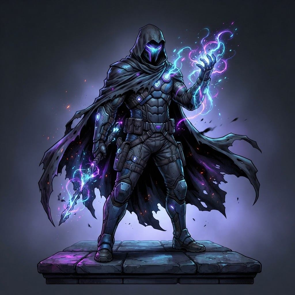 mysterious Marvel-style anti-hero original character, dark cloak with neon energy powers