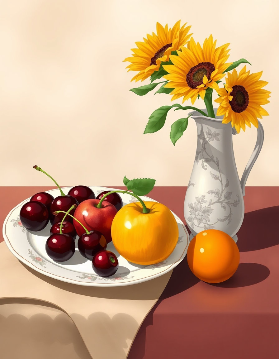 Generated in an illustrative style: On the porcelain plate (placed flat) on the left are several cherries, one apple, and two persimmons. On the right, an exquisite ceramic vase holds a few sunflowers. The warm-colored fruits and golden petals weave together to create a tranquil afternoon atmosphere, reminiscent of a gentle classical melody. The background is blurred.